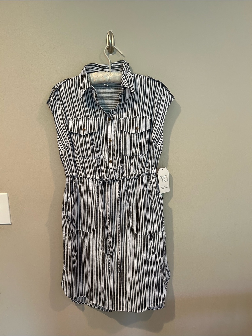 NWT Time and Tru Navy and White Striped Utility Shirt Dress Size Med